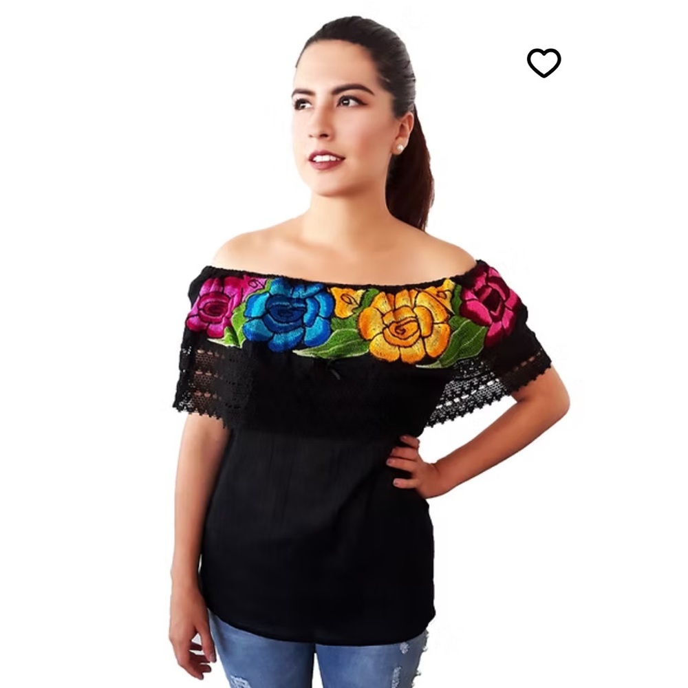 Hand-Embroidered Black Off-Shoulder Floral Blouse - Picture 3 of 4